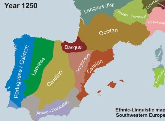 Ausdehnung der verschiedenen Sprachen auf der Iberischen Halbinseln im 13. Jhd. In Grün das Asturleonesische