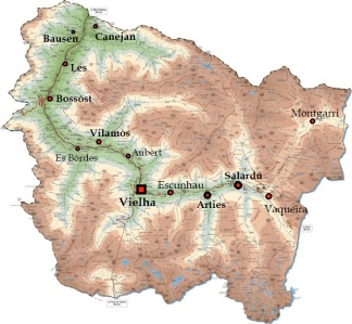 Geografie des Aran-Tals (in grün das Flussbett der Garona/Garonne)